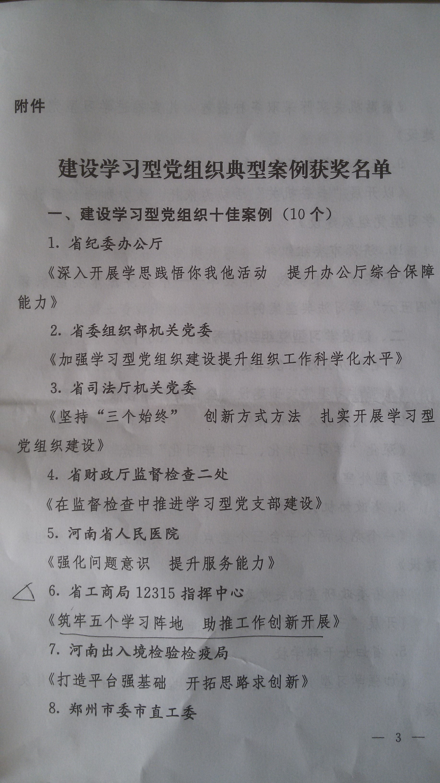河南省工商局12315指揮中心選送案例獲評“建設學習型黨組織十佳案例”