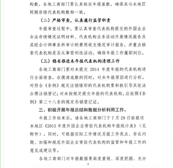 工商企監(jiān)字〔2016〕7號《關(guān)于做好2015年度外國企業(yè)常駐代表機構(gòu)年度報告工作的通知》3