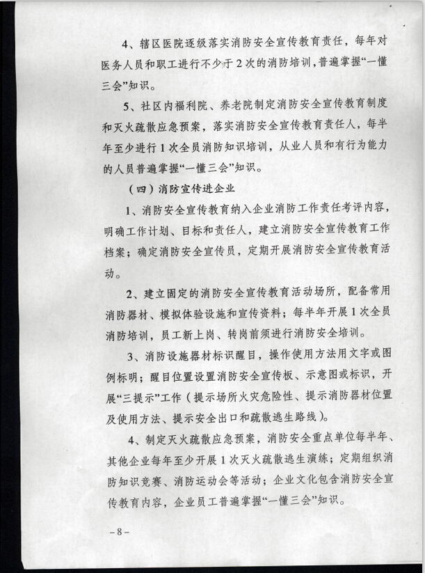 公消〔2015〕191號(hào)《關(guān)于推進(jìn)消防安全宣傳教育進(jìn)機(jī)關(guān)進(jìn)學(xué)校進(jìn)社區(qū)進(jìn)企業(yè)進(jìn)農(nóng)村進(jìn)家庭進(jìn)網(wǎng)站工作的指導(dǎo)意見(jiàn)》5