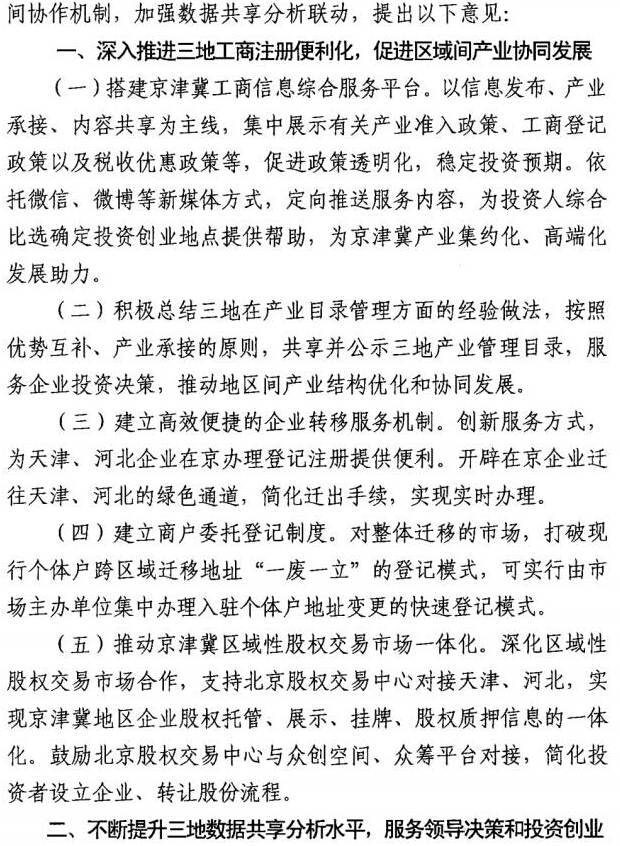 京工商發(fā)〔2016〕6號《關(guān)于加強京津冀三地工商和市場監(jiān)管部門市場準(zhǔn)入工作聯(lián)動服務(wù)京津冀協(xié)同發(fā)展的意見》2