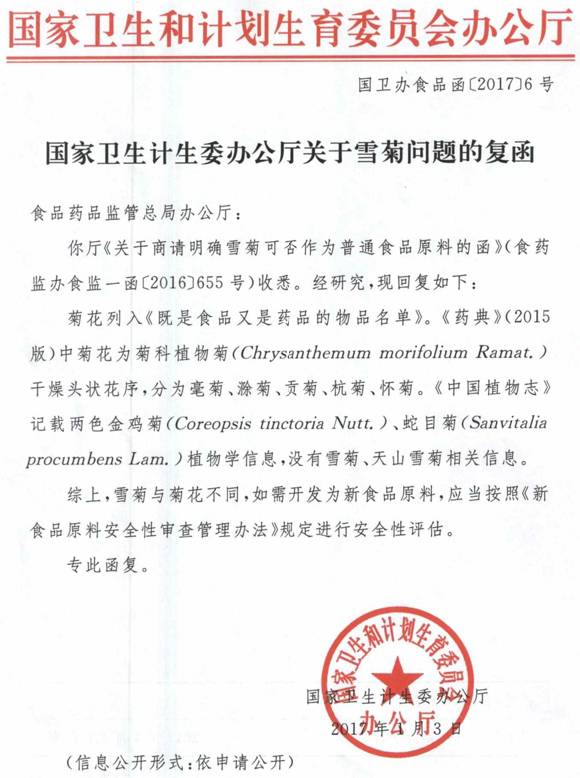 國衛(wèi)辦食品函〔2017〕6號《國家衛(wèi)生計生委辦公廳關(guān)于雪菊問題的復(fù)函》