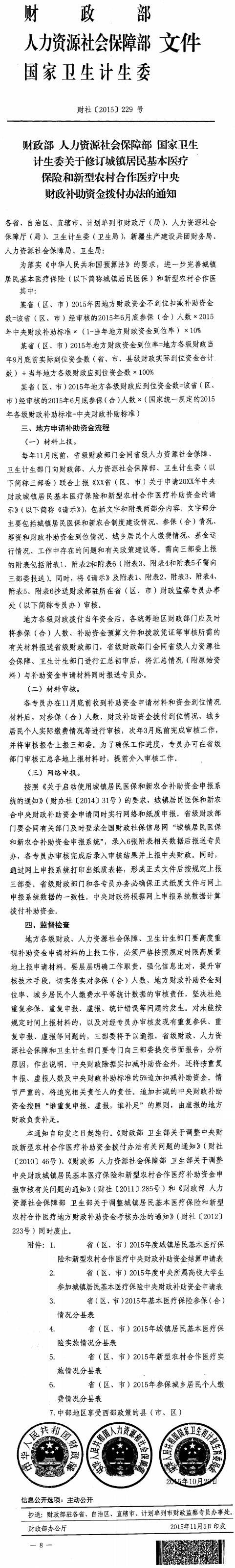 財(cái)社〔2015〕229號(hào)《財(cái)政部人力資源社會(huì)保障部國(guó)家衛(wèi)生計(jì)生委關(guān)于修訂城鎮(zhèn)居民基本醫(yī)療保險(xiǎn)和新型農(nóng)村合作醫(yī)療中央財(cái)政補(bǔ)助資金撥付辦法的通知》