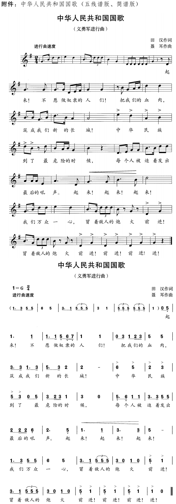 中華人民共和國國歌（五線譜版、簡譜版）