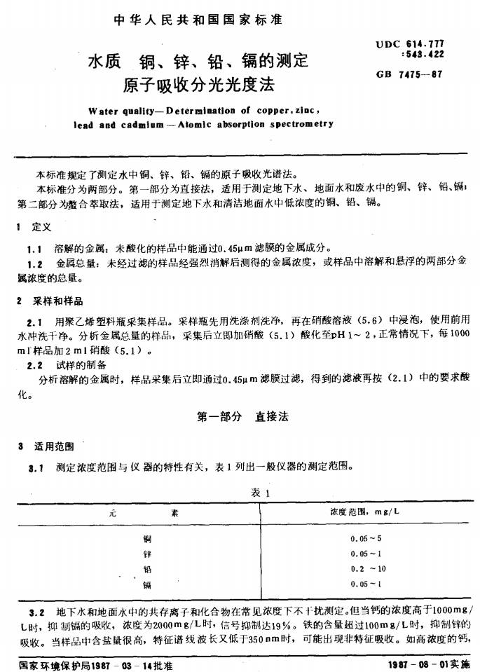 《水質(zhì)銅、鋅、鉛、鎘的測(cè)定原子吸收分光光度法》（GB7475-1987）【全文附PDF版下載】